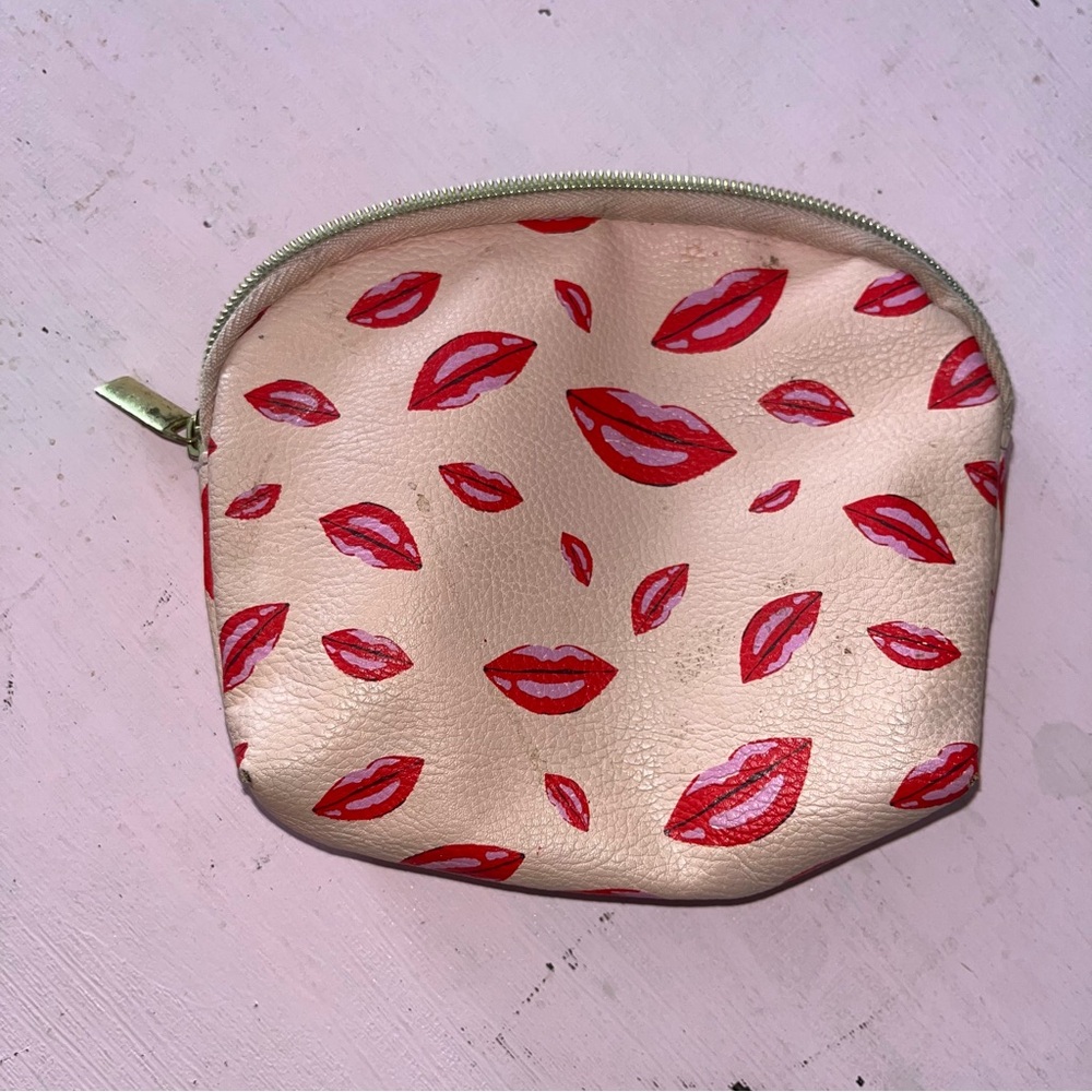 Kiss Print Small Zip Up Bag or Makeup Case for Lipstick Faux Leather? Used/worn